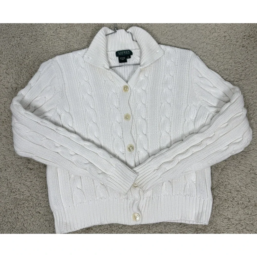 Lauren Ralph Lauren White Chunky Cable Knit Button Up Mock Neck Cardigan Size XL